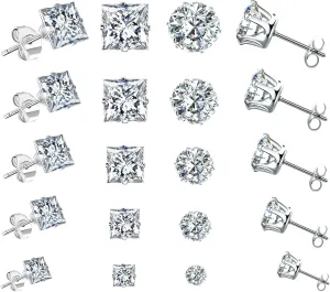 10 Pairs CZ Stud Earrings for Women, Hypoallergenic Earrings for Women Studs Set, Small Stainless Steel Earrings Studs, Cubic Zirconia Earrings for Women men (Square and Round)