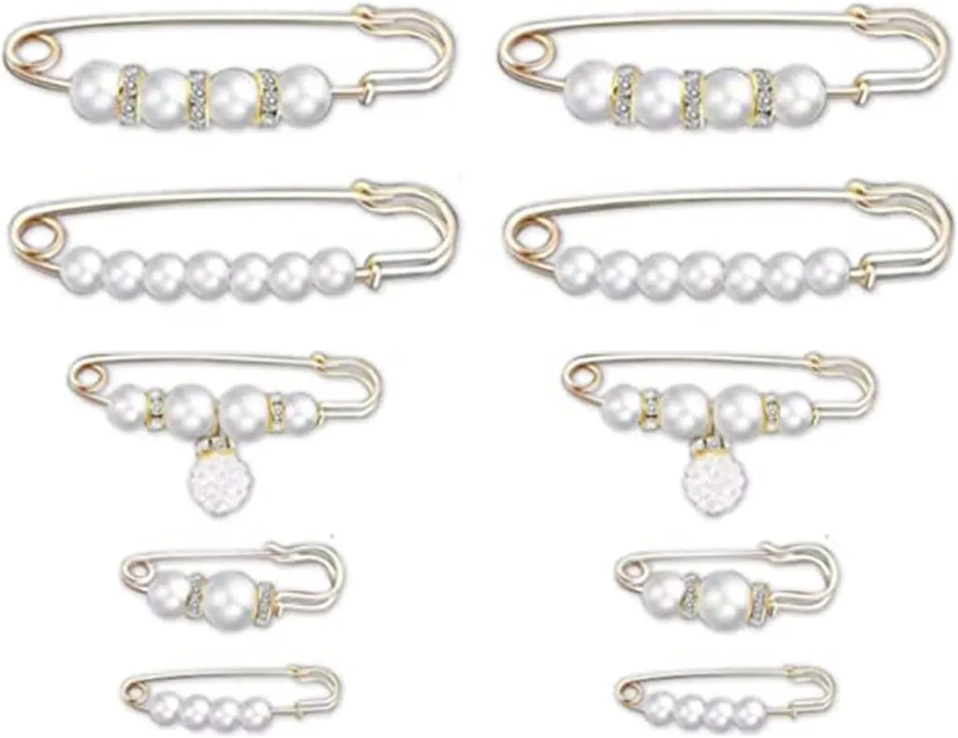 10 Pcs Faux Pearl Brooch Pins Fashion Sweater Shawl Clips Pants Waist Extender Safety Pins Clothing Dresses Decoration