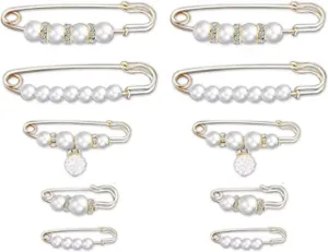 10 Pcs Faux Pearl Brooch Pins Fashion Sweater Shawl Clips Pants Waist Extender Safety Pins Clothing Dresses Decoration