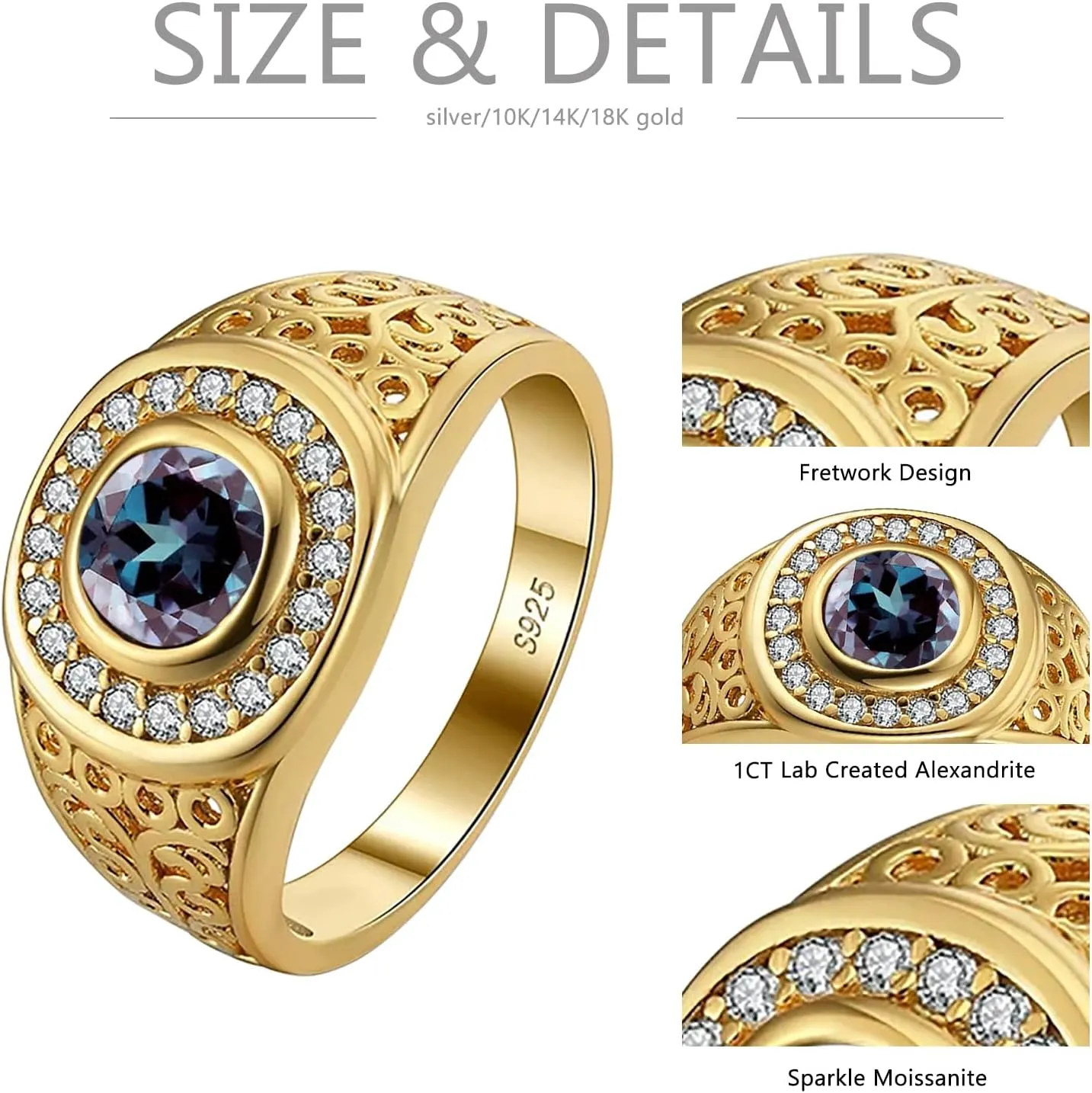 10K 14K 18K Gold Moissanite Mens Gemstone Engagement Rings Gemstone Halo Rings for Men Round Gemstone Rings Best Gift for Husband/Father/His
