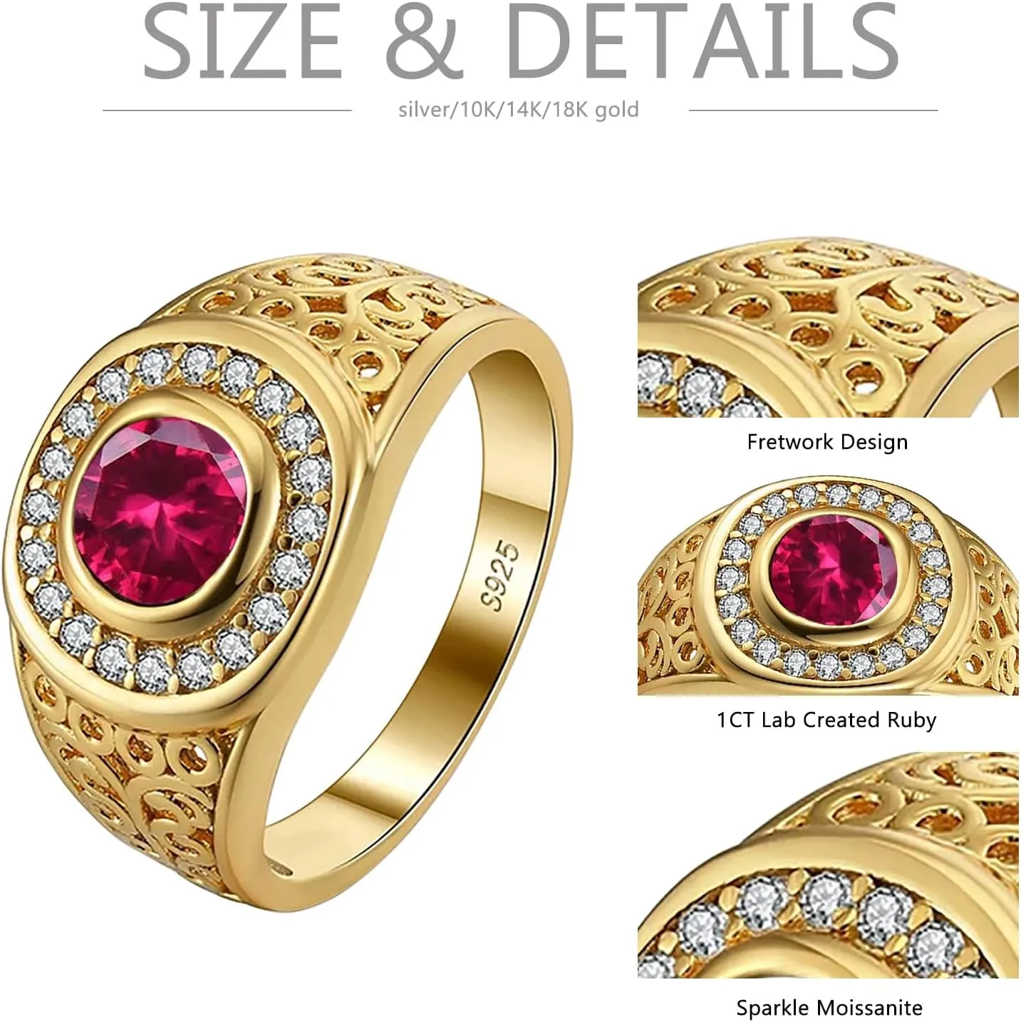 10K 14K 18K Gold Moissanite Mens Gemstone Engagement Rings Gemstone Halo Rings for Men Round Gemstone Rings Best Gift for Husband/Father/His