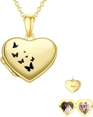 10K 14K 18K Real Gold Butterfly Locket Hold Picture Necklace Personalized Heart Locket Pendant for Her Women Grandma Wife Mother Christmas Mother's Day Gift