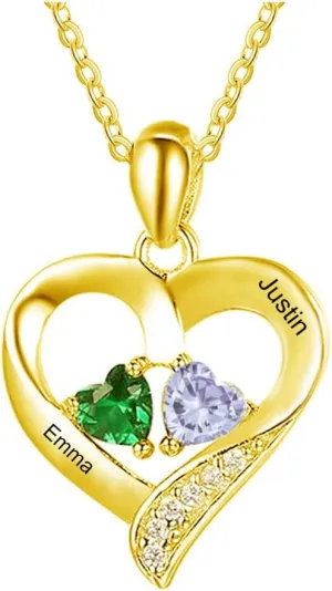 10K 14K 18K Solid Gold Personalized Name Birthstone Necklace for Couple, Real Gold Customized 2 Birthstone Heart Necklace Custom Any Name Valentine's Day Gifts for Her