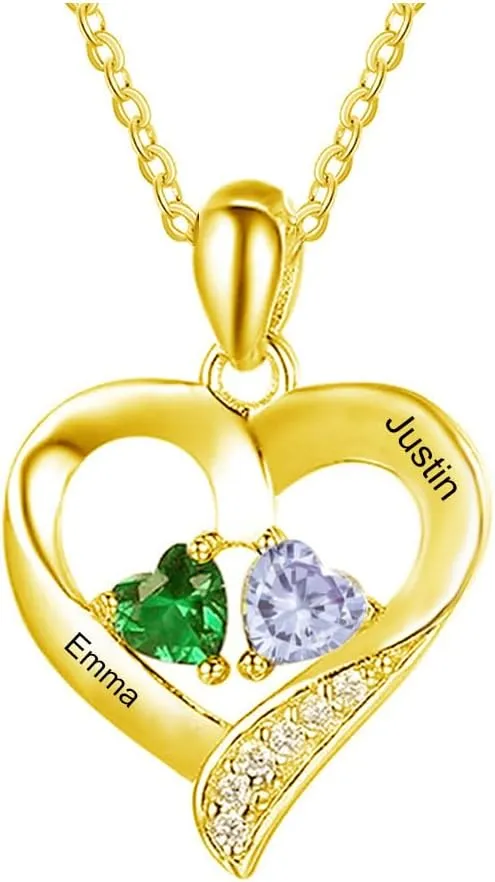 10K 14K 18K Solid Gold Personalized Name Birthstone Necklace for Couple, Real Gold Customized 2 Birthstone Heart Necklace Custom Any Name Valentine's Day Gifts for Her