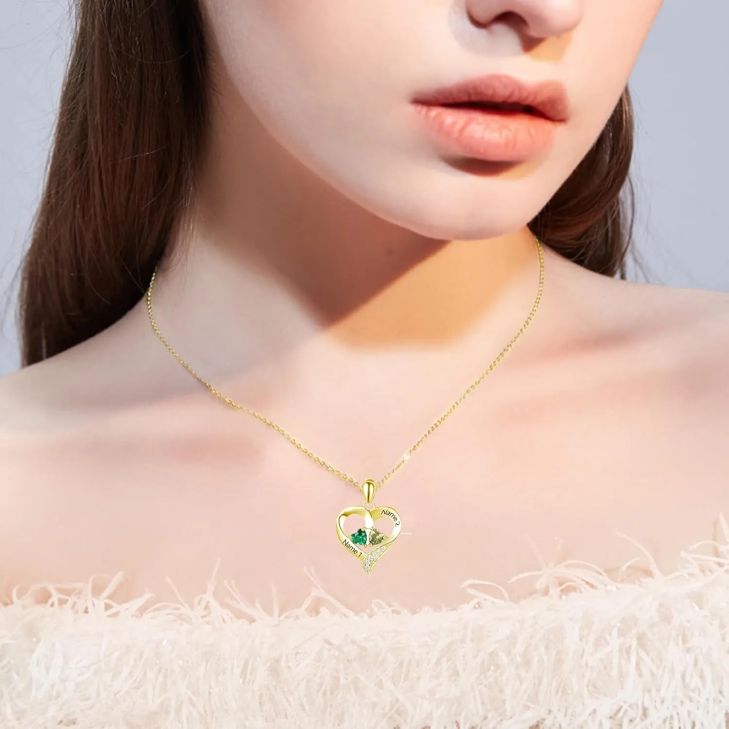 10K 14K 18K Solid Gold Personalized Name Birthstone Necklace for Couple, Real Gold Customized 2 Birthstone Heart Necklace Custom Any Name Valentine's Day Gifts for Her
