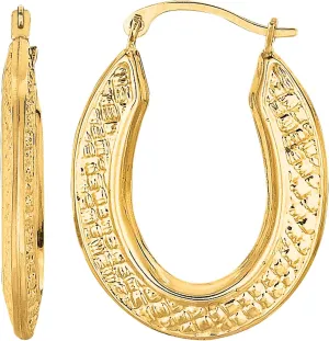 10k Yellow Gold Weave Texture Design Oval Shape Hoop Earrings