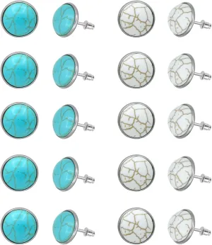 10Pairs Turquoise Stud Earrings for Women Hypoallergenic Stainless Steel Round Gemstone Stud Earrings Set Fashion Turquoise Jewelry for Women Gift Blue White