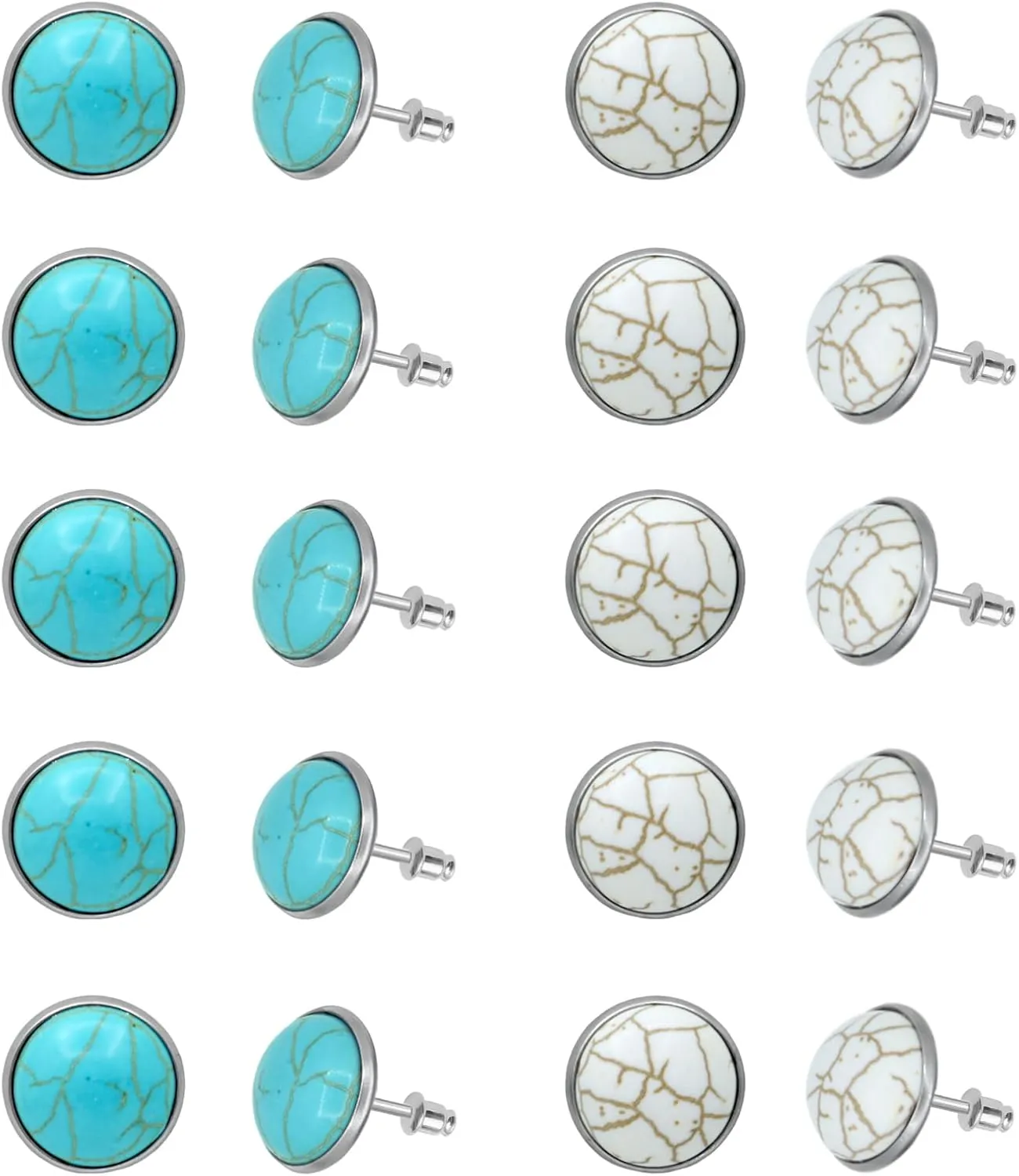 10Pairs Turquoise Stud Earrings for Women Hypoallergenic Stainless Steel Round Gemstone Stud Earrings Set Fashion Turquoise Jewelry for Women Gift Blue White