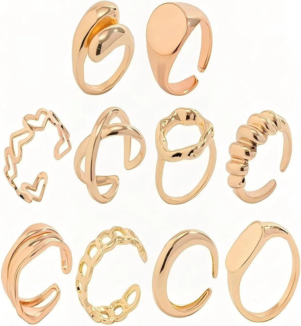 10pcs Chunky Gold Rings For Women Non Tarnish, Stackable Adjustable Rings Set For Teen Womens Adjustable Open Ring Band Statement Jewelry Size 6-8