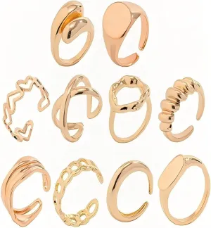 10pcs Chunky Gold Rings For Women Non Tarnish, Stackable Adjustable Rings Set For Teen Womens Adjustable Open Ring Band Statement Jewelry Size 6-8