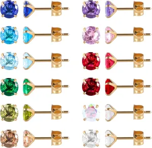 12 Pairs 18K Gold Plated Surgical Stainless Steel Stud Earrings, Star Heart Square Stud Earring for Women, Cubic Zirconia Birthstone Stud Earrings Set