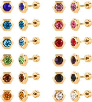 12 Pairs Surgical Stainless Steel Flat Back Birthstone Cubic Zirconia Stud Earrings, Gold Plated Screw Back Round Star Heart Flower Hexagon Triangle CZ Stud Earrings Set