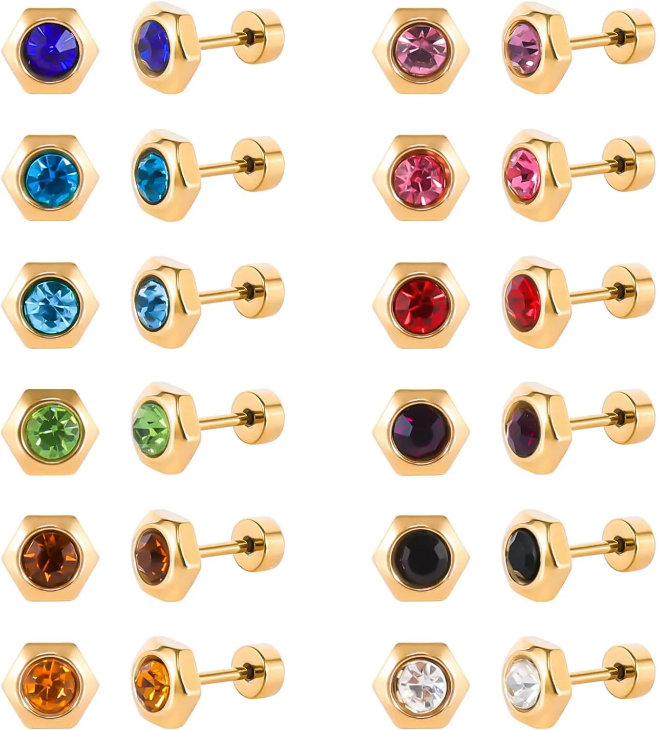 12 Pairs Surgical Stainless Steel Flat Back Birthstone Cubic Zirconia Stud Earrings, Gold Plated Screw Back Round Star Heart Flower Hexagon Triangle CZ Stud Earrings Set