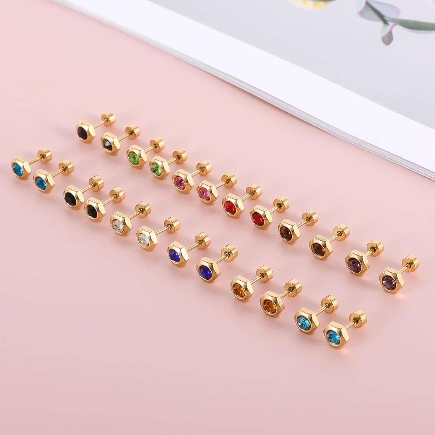12 Pairs Surgical Stainless Steel Flat Back Birthstone Cubic Zirconia Stud Earrings, Gold Plated Screw Back Round Star Heart Flower Hexagon Triangle CZ Stud Earrings Set
