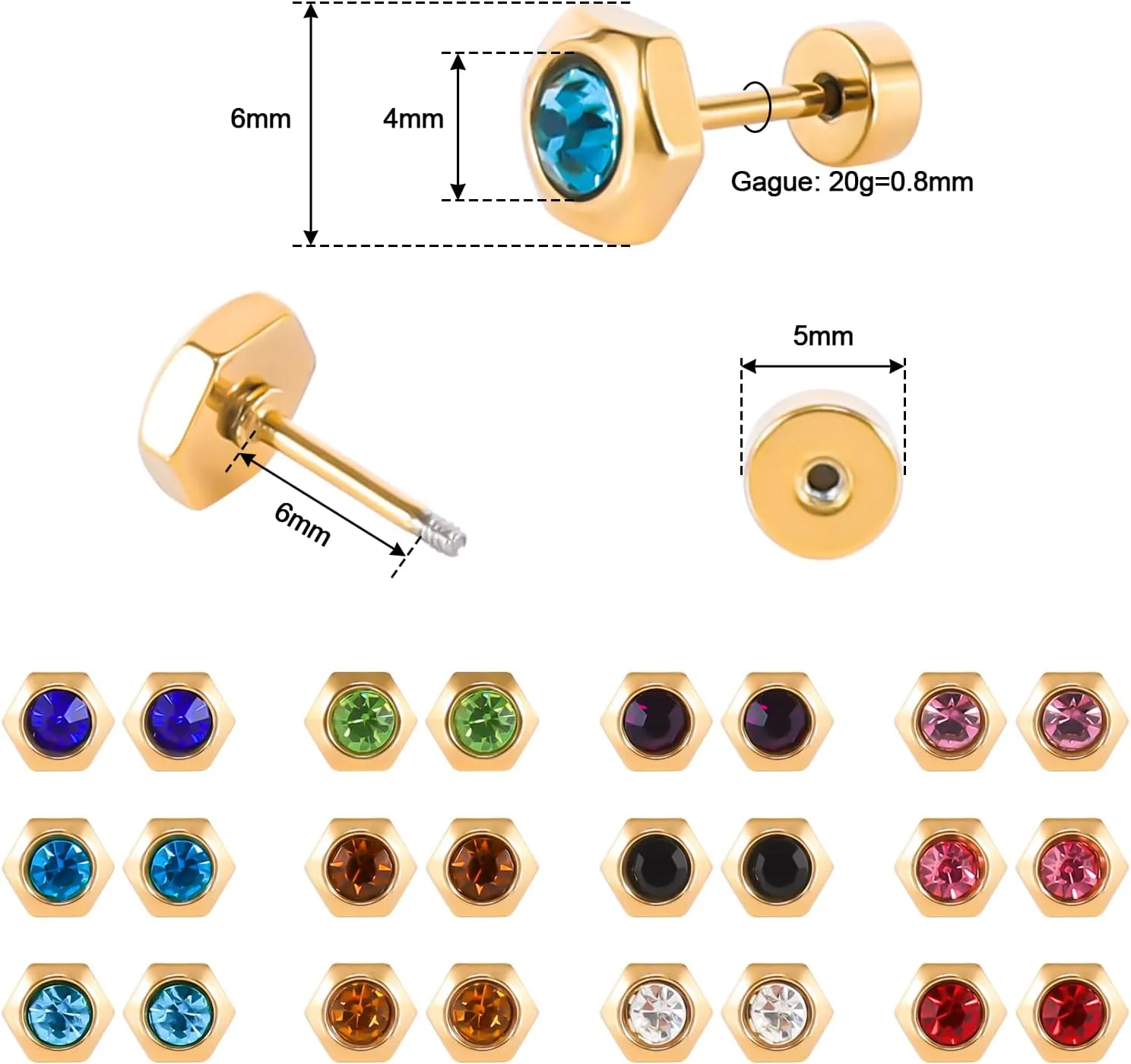 12 Pairs Surgical Stainless Steel Flat Back Birthstone Cubic Zirconia Stud Earrings, Gold Plated Screw Back Round Star Heart Flower Hexagon Triangle CZ Stud Earrings Set
