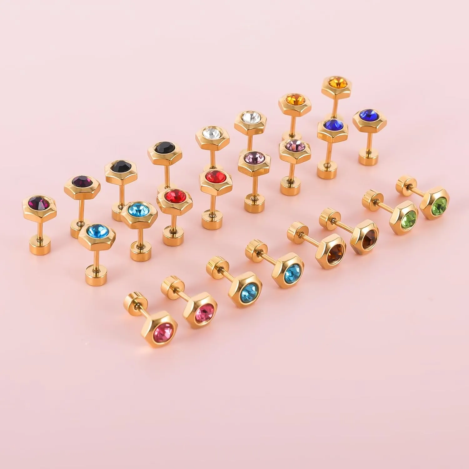 12 Pairs Surgical Stainless Steel Flat Back Birthstone Cubic Zirconia Stud Earrings, Gold Plated Screw Back Round Star Heart Flower Hexagon Triangle CZ Stud Earrings Set