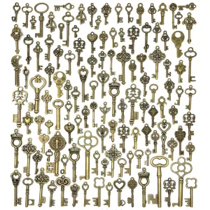 125 PCS Vintage Skeleton Key Set Charms, JIALEEY Mixed Antique Style Bronze Brass Key Set Charms for Pendant DIY Jewelry Making Wedding Party Favors