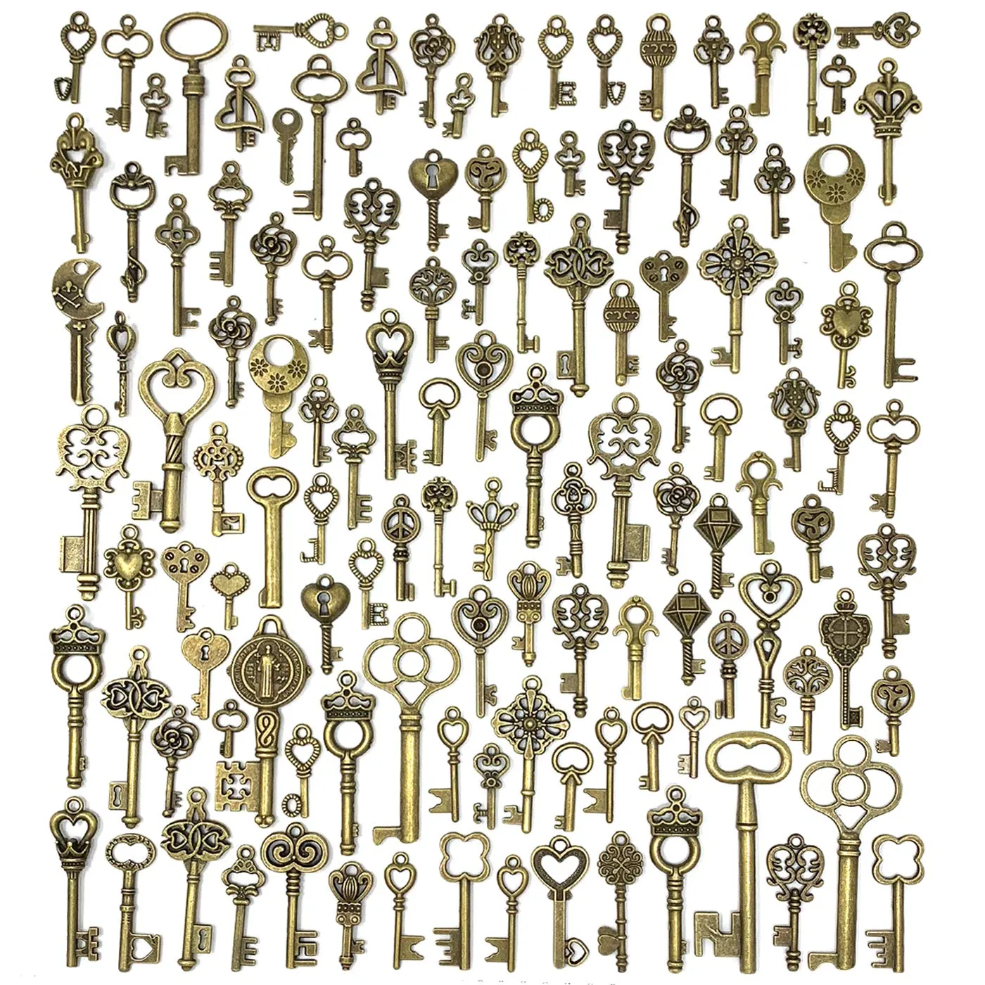 125 PCS Vintage Skeleton Key Set Charms, JIALEEY Mixed Antique Style Bronze Brass Key Set Charms for Pendant DIY Jewelry Making Wedding Party Favors