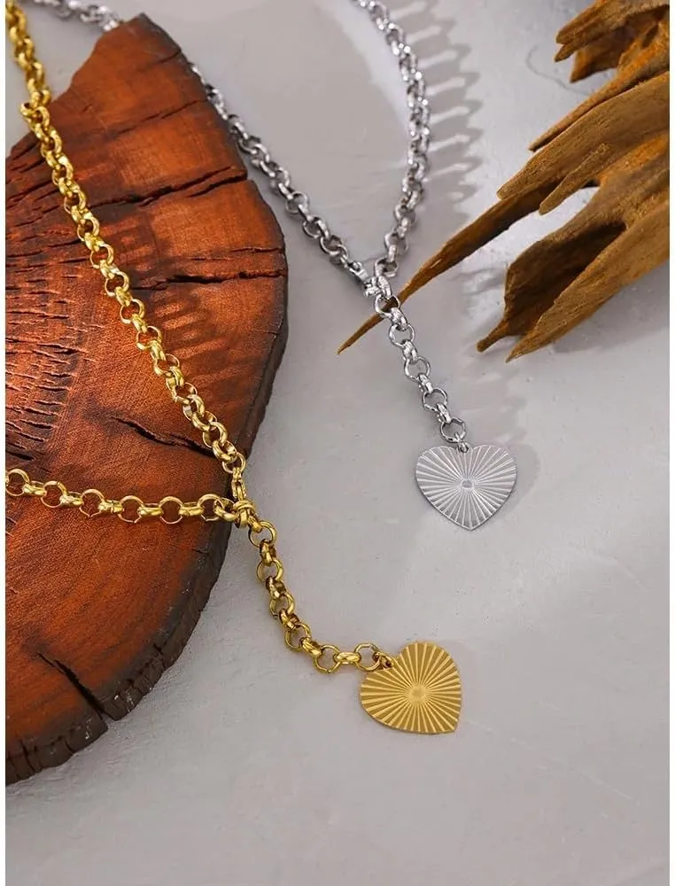 14K Gold-Filled Romantic Forever Heart Necklace For Women - Elegant Heart Chain Double Layer Necklace, Heart Round Pendant Movable Chain, Shiny Heart Gold Necklace