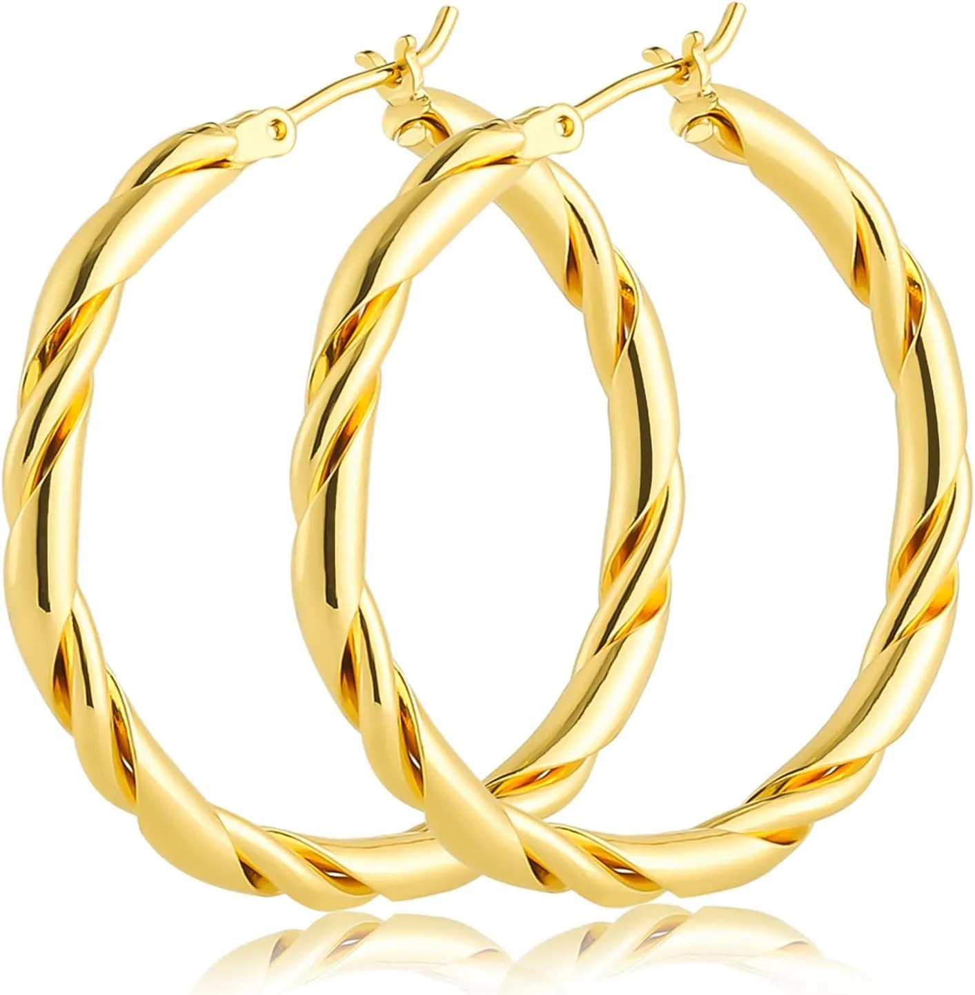 14k Gold Hoop Earrings for Women 14K Gold Earrings Fried Dough Twists Earrings for Women Trendy Hypoallergenic Womens Earring 35MM