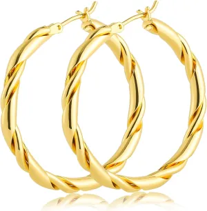 14k Gold Hoop Earrings for Women 14K Gold Earrings Fried Dough Twists Earrings for Women Trendy Hypoallergenic Womens Earring 35MM