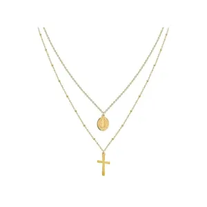 14K Gold Plated Layered 18" Cross Necklace with Saint Benedict Medal