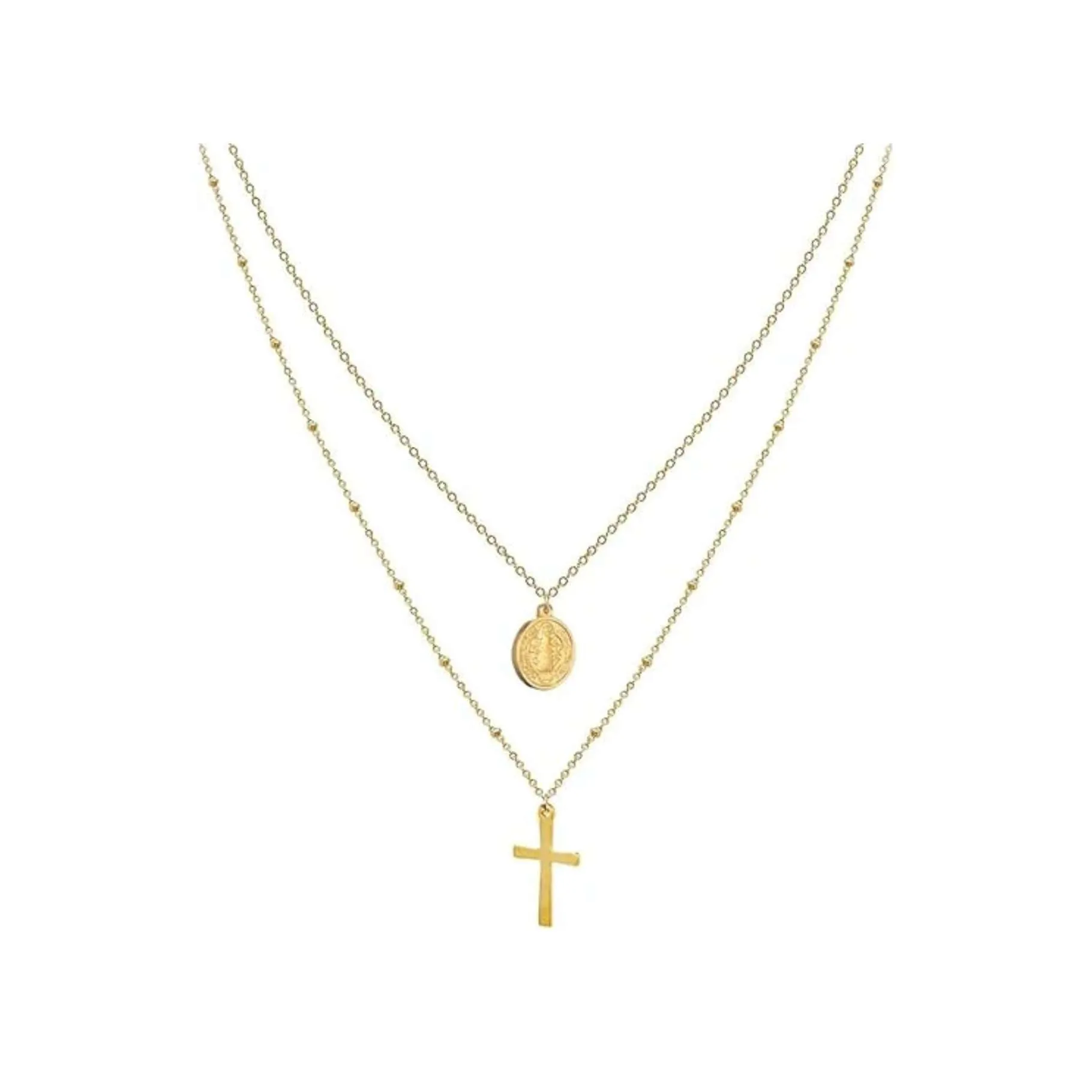 14K Gold Plated Layered 18" Cross Necklace with Saint Benedict Medal