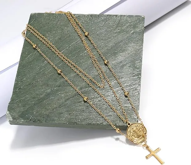 14K Gold Plated Layered 18" Cross Necklace with Saint Benedict Medal