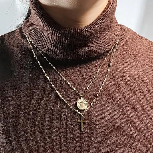 14K Gold Plated Layered 18" Cross Necklace with Saint Benedict Medal