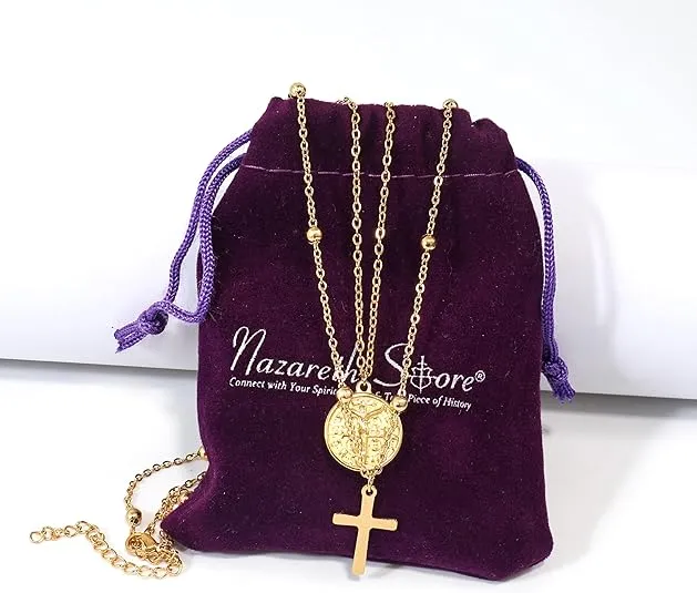 14K Gold Plated Layered 18" Cross Necklace with Saint Benedict Medal