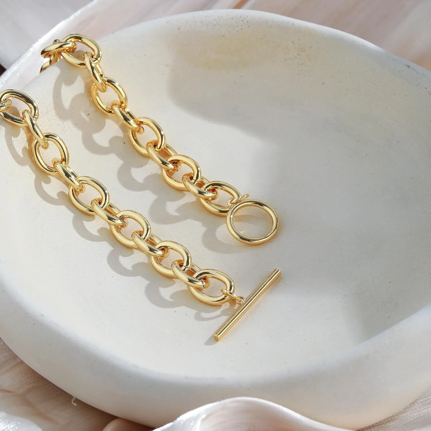 14K Gold Plated Necklace for Women Sweatproof, Non Tarnish Chunky Layered Chain Necklaces Thick Gold Layering Herringbone Paperclip Necklace Stacks Toggle Necklaces for Women Men