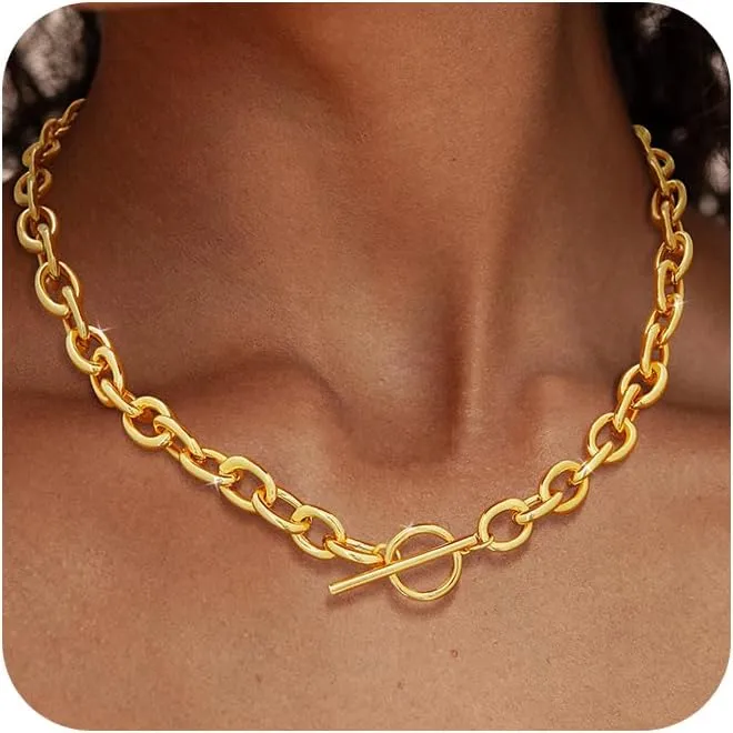 14K Gold Plated Necklace for Women Sweatproof, Non Tarnish Chunky Layered Chain Necklaces Thick Gold Layering Herringbone Paperclip Necklace Stacks Toggle Necklaces for Women Men