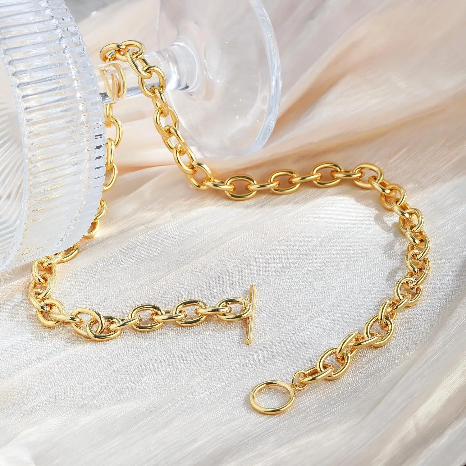 14K Gold Plated Necklace for Women Sweatproof, Non Tarnish Chunky Layered Chain Necklaces Thick Gold Layering Herringbone Paperclip Necklace Stacks Toggle Necklaces for Women Men