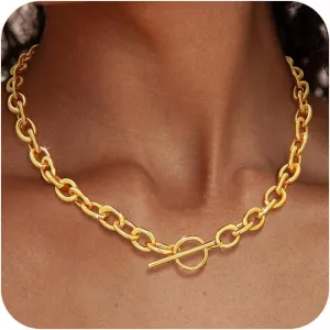 14K Gold Plated Necklace for Women Sweatproof, Non Tarnish Chunky Layered Chain Necklaces Thick Gold Layering Herringbone Paperclip Necklace Stacks Toggle Necklaces for Women Men