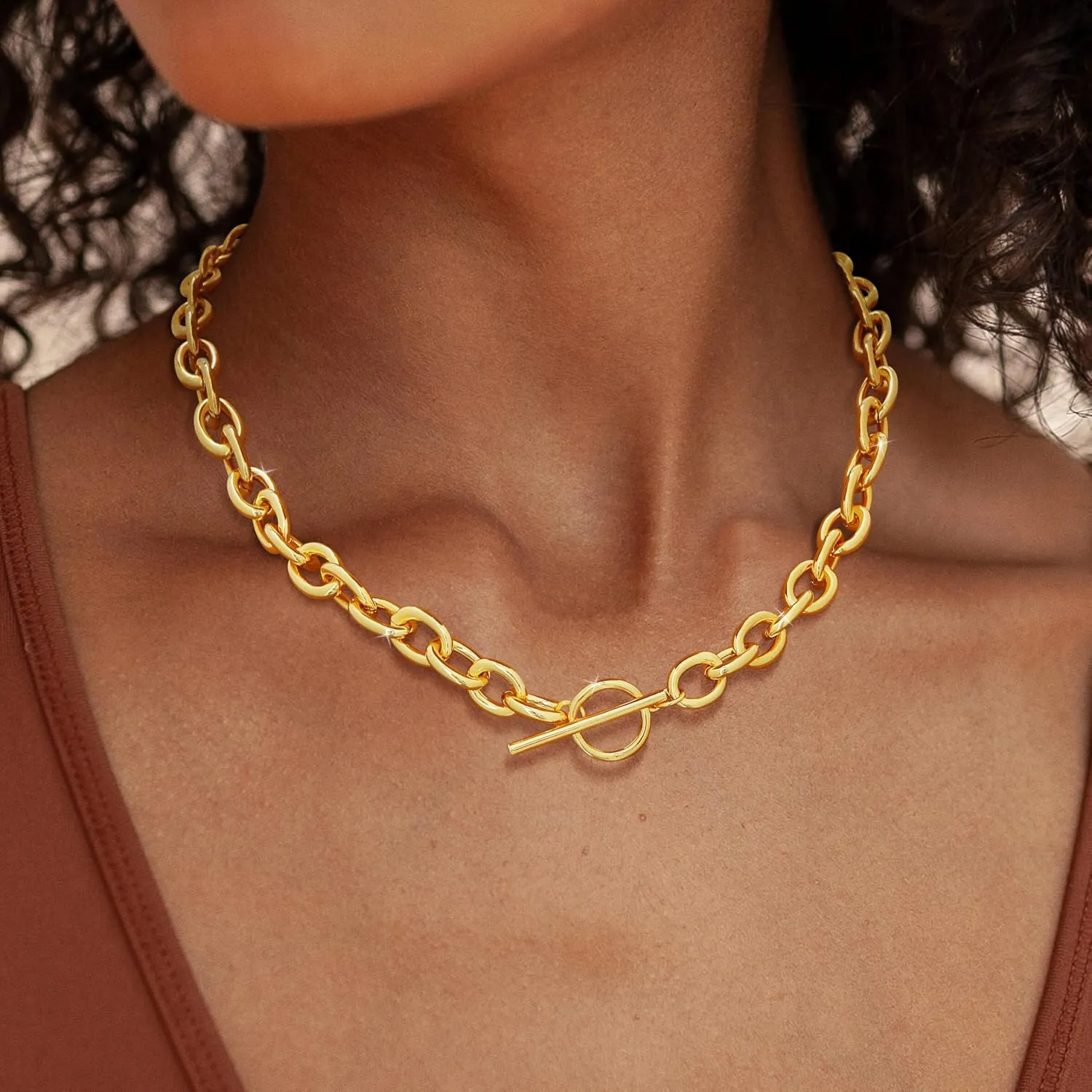 14K Gold Plated Necklace for Women Sweatproof, Non Tarnish Chunky Layered Chain Necklaces Thick Gold Layering Herringbone Paperclip Necklace Stacks Toggle Necklaces for Women Men