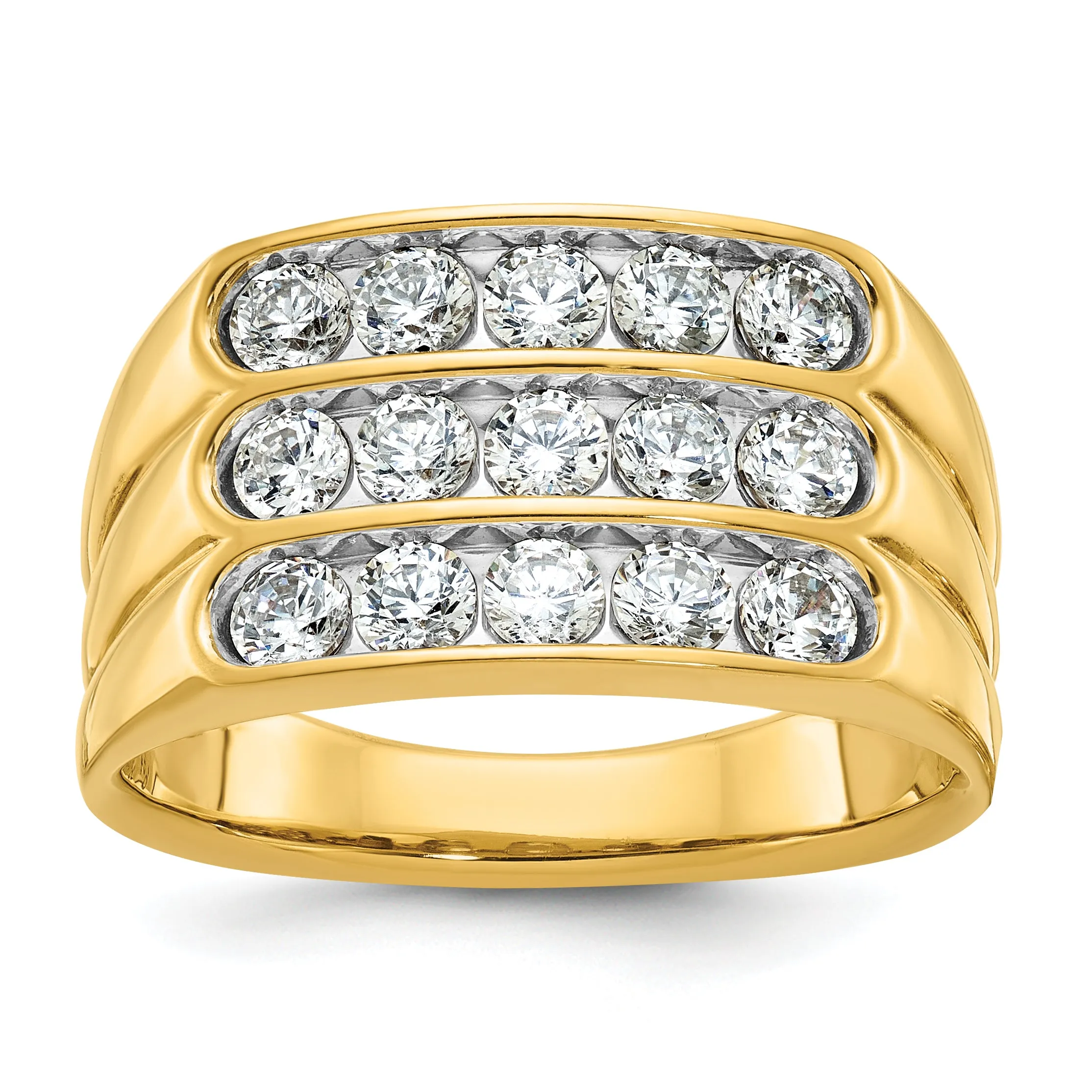 14k Men's Polished and Grooved 3-Row 1.65 Carat Lab Grown Diamond Ring