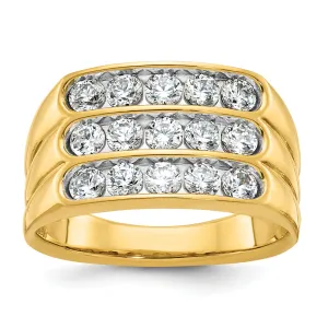 14k Men's Polished and Grooved 3-Row 1.65 Carat Lab Grown Diamond Ring
