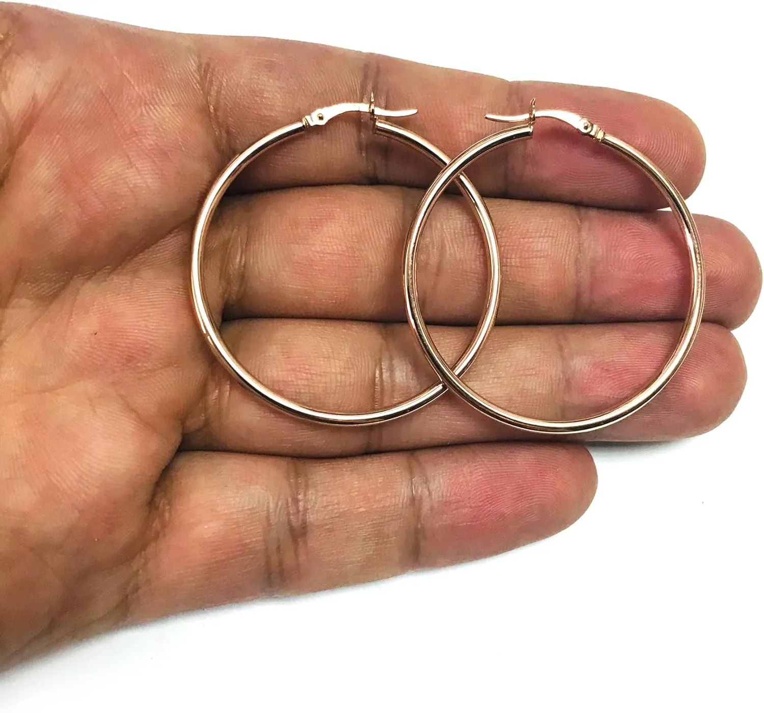 14k Rose Gold 2mm Polished Round Tube Hoop Earrings, Diameter 40mm