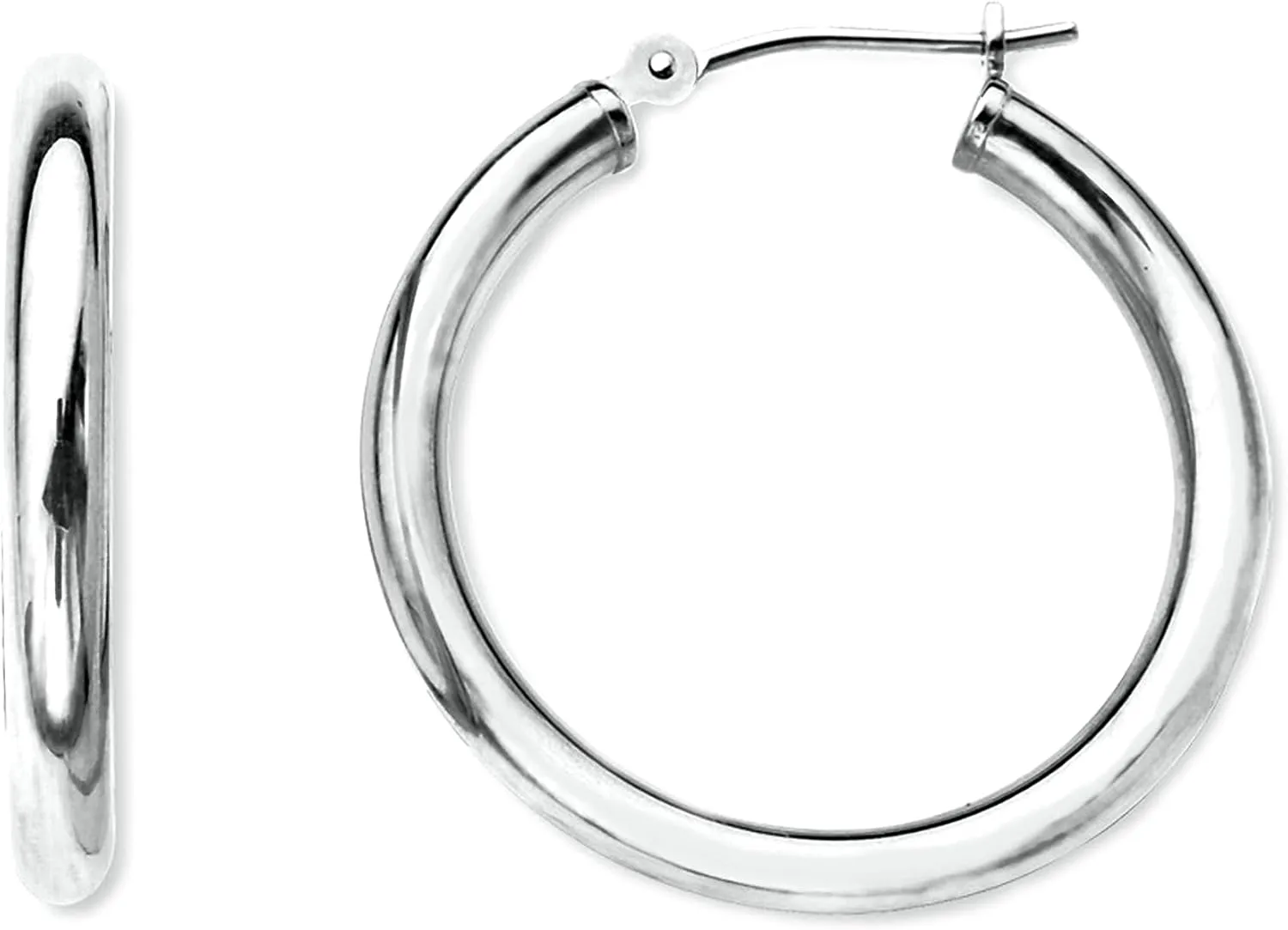 14K White Gold 2MM Shiny Round Tube Hoop Earrings, 20mm