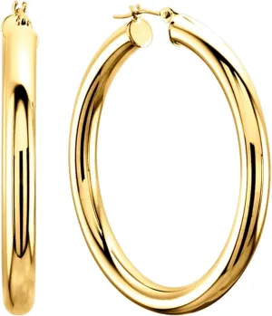 14K Yellow Gold 3MM Shiny Round Tube Hoop Earrings, 30mm