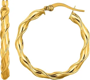 14K Yellow Gold Round Type Twisted Hoop Earrings, Diameter 28mm