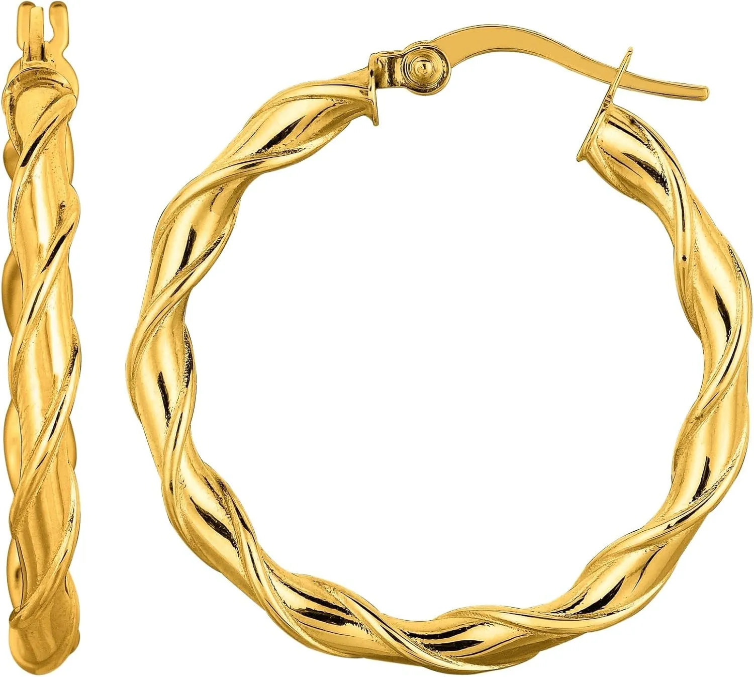 14K Yellow Gold Round Type Twisted Hoop Earrings, Diameter 28mm