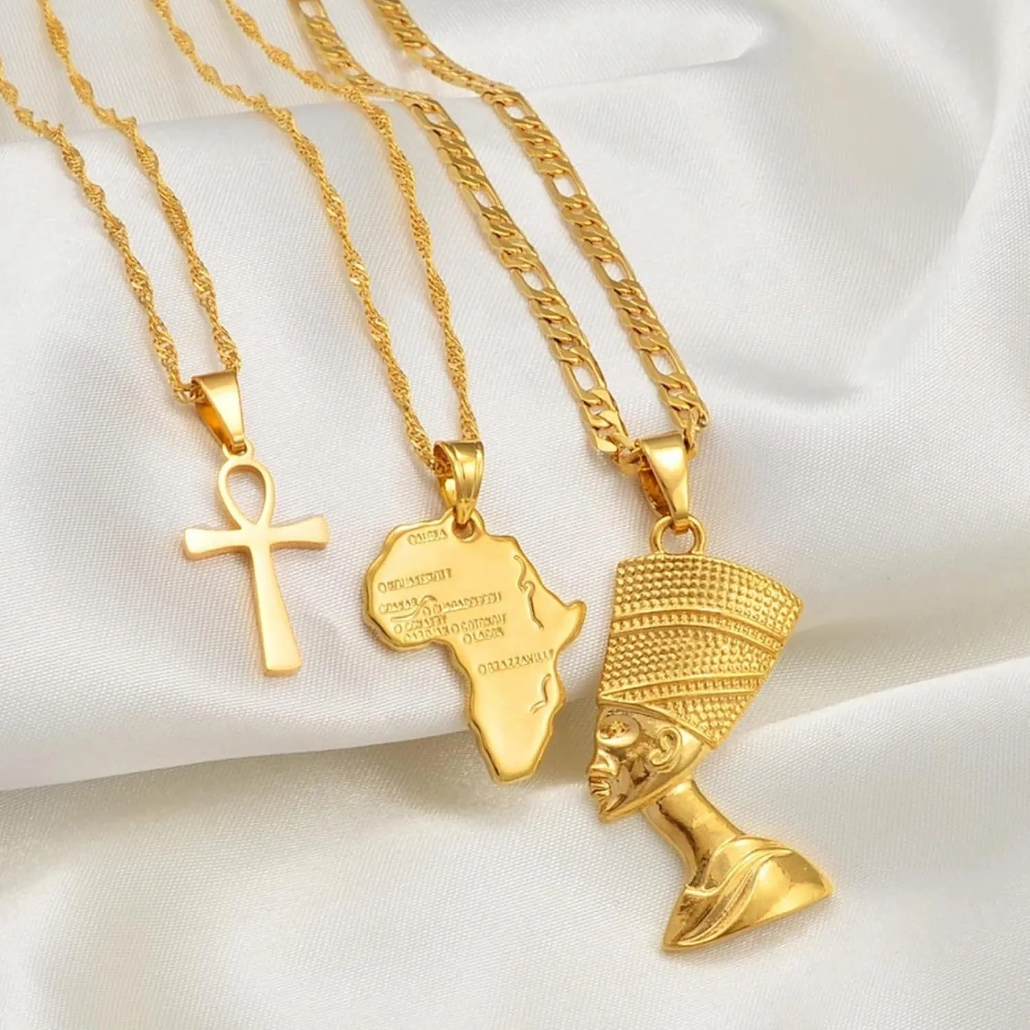 14k Yellow Gold Together Ankh Africa Map Nefertiti Necklace For Women - 925 Sterling Silver Set 3pcs Nefertiti Pendant Jewelry Queen Nefertiti Jewelry Egyptian Chain Necklace