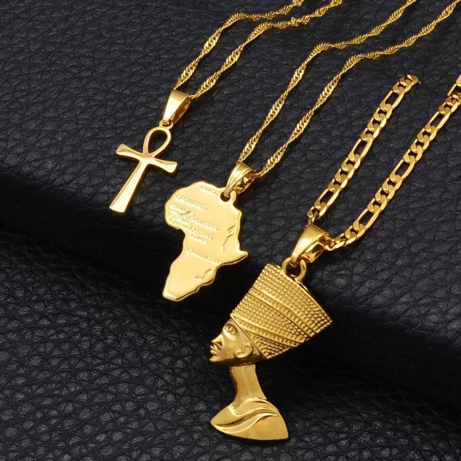 14k Yellow Gold Together Ankh Africa Map Nefertiti Necklace For Women - 925 Sterling Silver Set 3pcs Nefertiti Pendant Jewelry Queen Nefertiti Jewelry Egyptian Chain Necklace