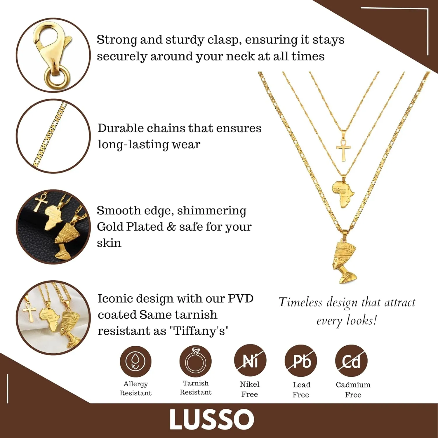 14k Yellow Gold Together Ankh Africa Map Nefertiti Necklace For Women - 925 Sterling Silver Set 3pcs Nefertiti Pendant Jewelry Queen Nefertiti Jewelry Egyptian Chain Necklace