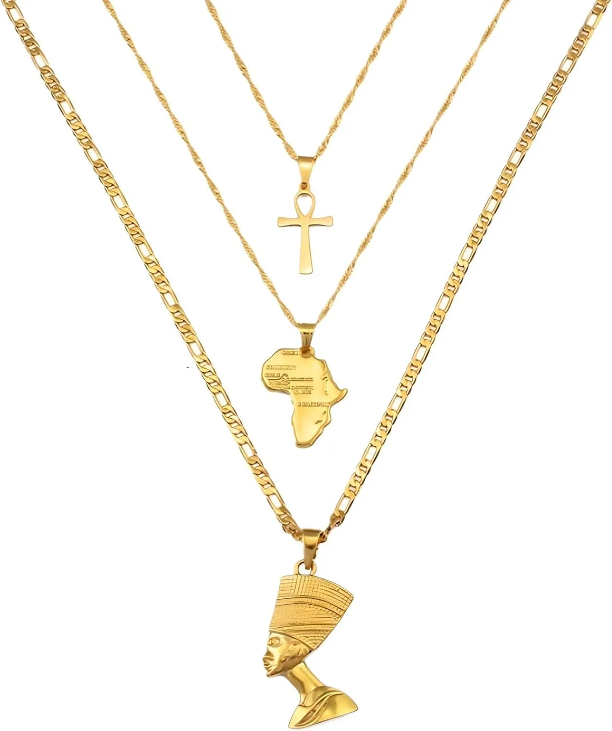 14k Yellow Gold Together Ankh Africa Map Nefertiti Necklace For Women - 925 Sterling Silver Set 3pcs Nefertiti Pendant Jewelry Queen Nefertiti Jewelry Egyptian Chain Necklace