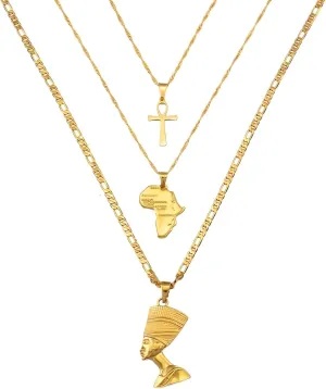 14k Yellow Gold Together Ankh Africa Map Nefertiti Necklace For Women - 925 Sterling Silver Set 3pcs Nefertiti Pendant Jewelry Queen Nefertiti Jewelry Egyptian Chain Necklace