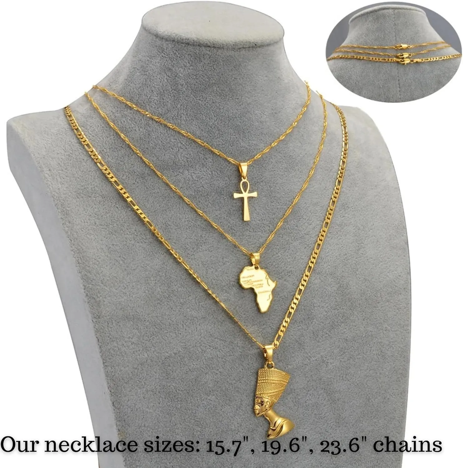 14k Yellow Gold Together Ankh Africa Map Nefertiti Necklace For Women - 925 Sterling Silver Set 3pcs Nefertiti Pendant Jewelry Queen Nefertiti Jewelry Egyptian Chain Necklace