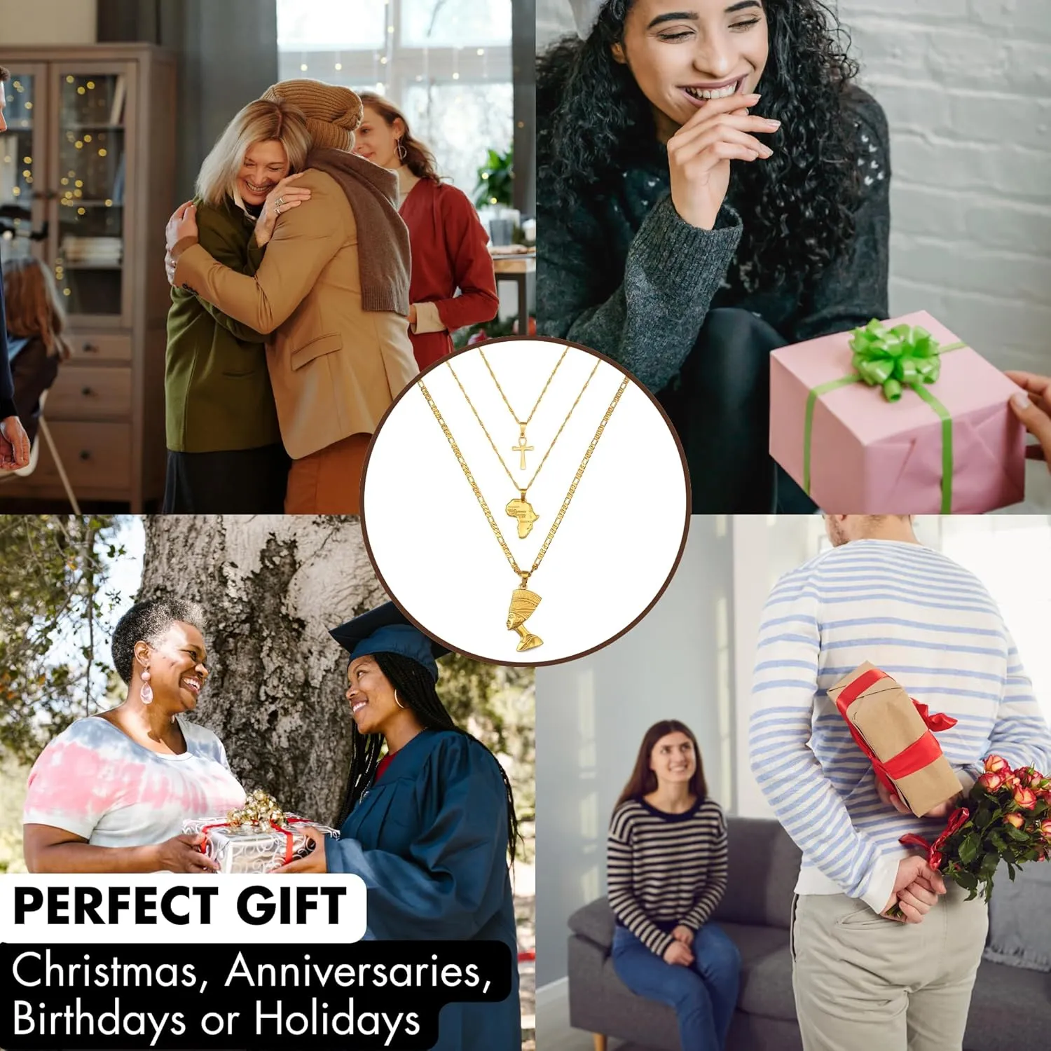 14k Yellow Gold Together Ankh Africa Map Nefertiti Necklace For Women - 925 Sterling Silver Set 3pcs Nefertiti Pendant Jewelry Queen Nefertiti Jewelry Egyptian Chain Necklace
