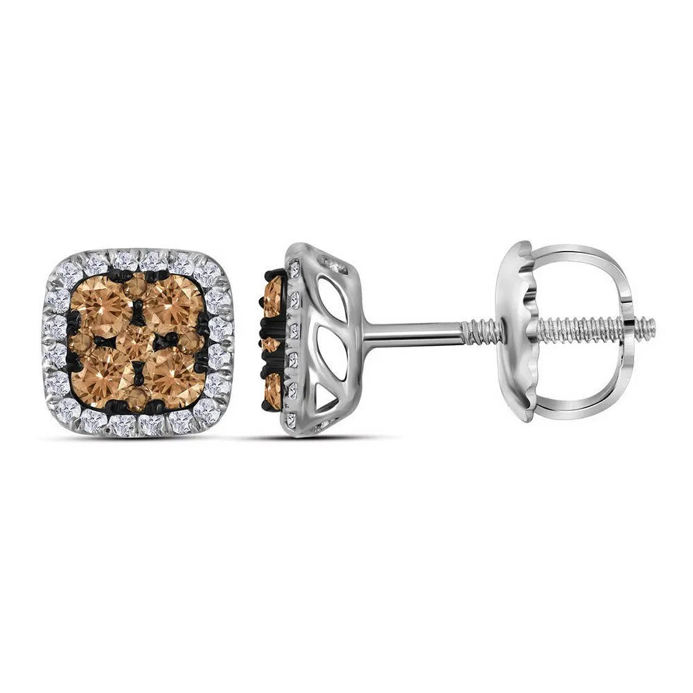 14kt White Gold Womens Round Brown Diamond Square Earrings | The Elegance of Brown Diamonds